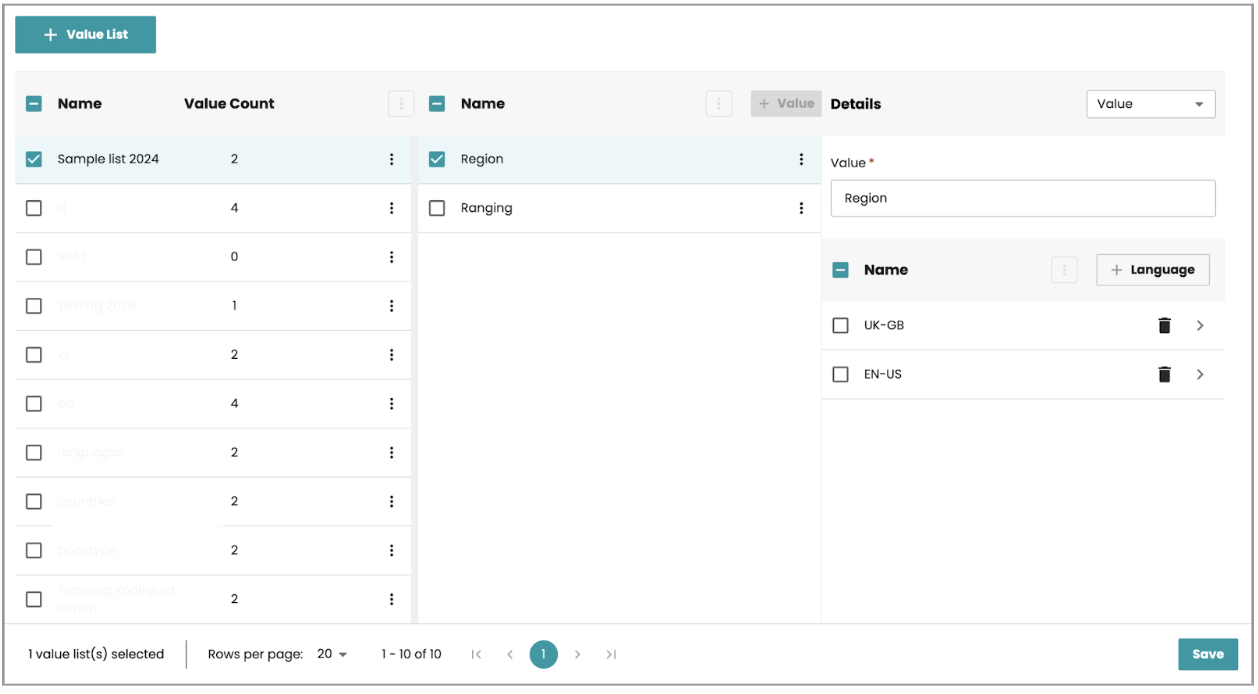 Value list